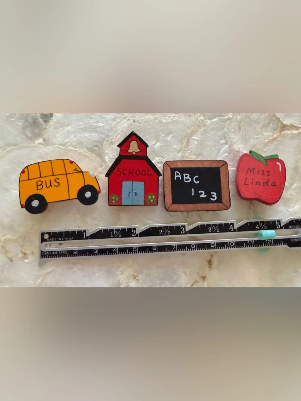 Vintage Teacher Button Covers Set 4 Wood School Bus Apple Back to School